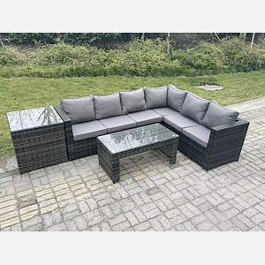 Fimous 6 Seater Rattan Corner Sofa Lounge Sofa Set With Rectangular Coffee Table Side Table Dark Grey Mixed Right Hand