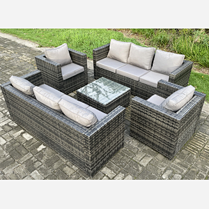 Fimous Rattan Garden Furniture Set 8 Seater Patio Outdoor Lounge Sofa Set with 2 Armchairs Square Coffee Table Dark Grey Mixed