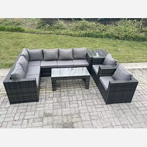 Fimous 8 Seater Rattan Corner Sofa Lounge Sofa Set With Rectangular Coffee Table Side Table 2 Arm Chair Dark Grey Mixed Left Hand