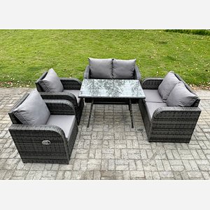 Fimous Wicker PE Rattan Garden Dining Set Outdoor Furniture Sofa with Rectangular Dining Table Dark Grey Mixed
