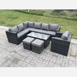 Fimous 9 Seater Rattan Corner Sofa Lounge Sofa Set With Rectangular Coffee Table 2 Stool Dark Grey Mixed Left Hand