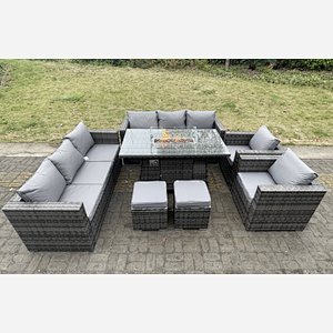 Fimous 10 Seater Outdoor PE Rattan Garden Furniture Gas Fire Pit Dining Table Set Lounge Sofa 2 PC Armchairs With 2 Stools Dark Grey Mixed Patio