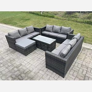 Fimous Outdoor Rattan Garden Furniture Lounge Sofa Set With Oblong Rectagular Coffee Table Big Footstool and 2 Small Stools
