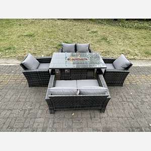 Fimous Rattan Outdoor Furniture Gas Fire Pit Rectangle Dining Table Gas Heater Chairs Two Seater Love Sofa Sets 6 Seater