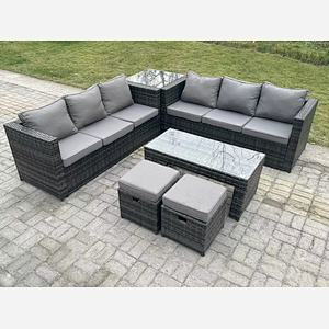 Fimous Outdoor Rattan Garden Furniture Lounge Sofa Set With Oblong Rectagular Coffee Table Side Coffee Table 2 Stools