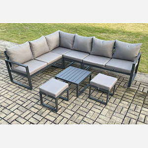 Fimous 8 Seater Aluminium Garden Furniture Set Outdoor Lounge Corner Sofa Square Coffee Table Sets with 2 Small Footstools Dark Grey