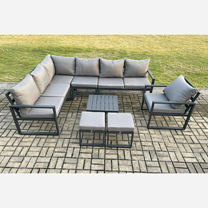 Fimous 9 Seater Aluminium Garden Furniture Set Outdoor Lounge Corner Sofa Chair Square Coffee Table Sets with 2 Small Footstools Dark Grey