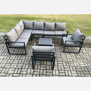 Fimous Aluminium Garden Furniture Set Outdoor Lounge Corner Sofa 2 Pcs Chair Square Coffee Table Sets Dark Grey 8 Seater