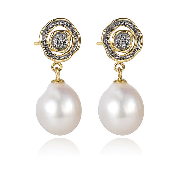 18K Gold Plated Brass Wire Wrapped White Freshwater Cultured Pearl Pendant Stud Earrings
