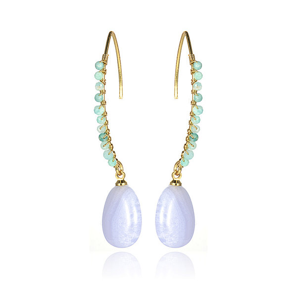 18K Gold Plated Handmade Wire Wrapped Blue Chalcedony Drop Earrings