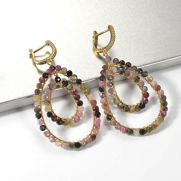 18K Gold Plated Handmade Wire Wrapped Rainbow Fluorite Drop Earrings