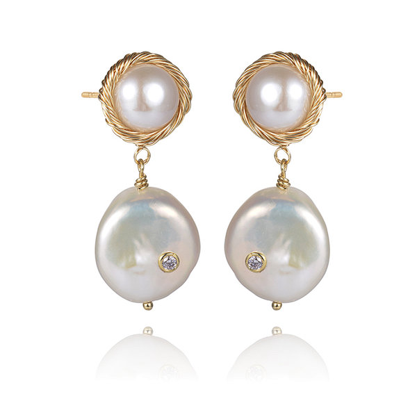 18K Gold Plated Brass Wire Wrapped White Freshwater Cultured Pearl Hook Drop Earrings