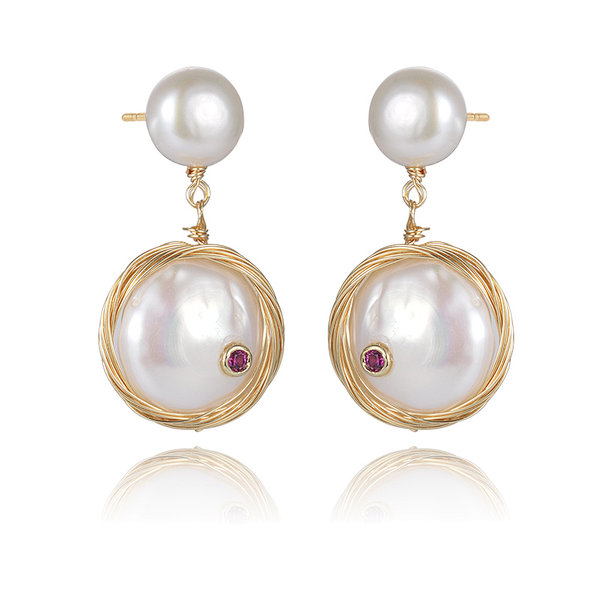 18K Gold Plated Brass Wire Wrapped White Freshwater Cultured Pearl Hook Drop Earrings