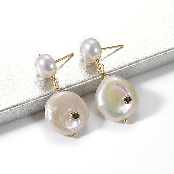 18K Gold Plated Brass Wire Wrapped White Freshwater Cultured Pearl Stud Drop Earrings