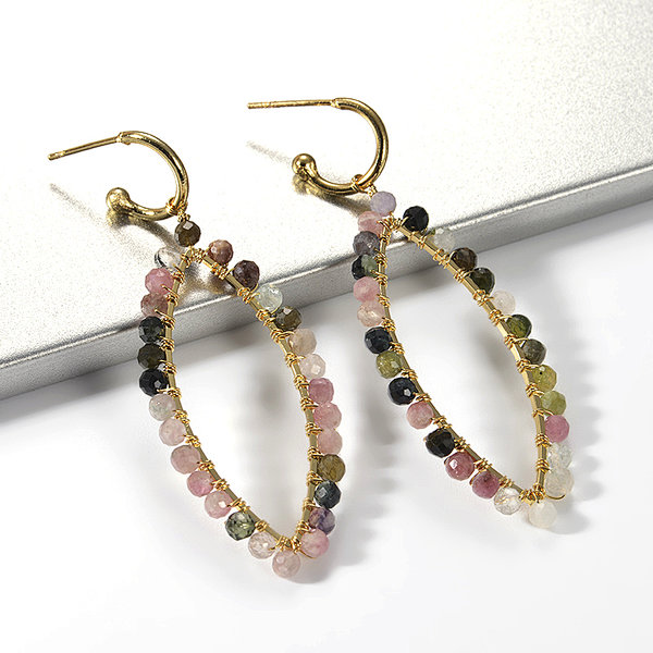 18K Gold Plated Handmade Wire Wrapped Rainbow Fluorite Hook Dangle Earrings