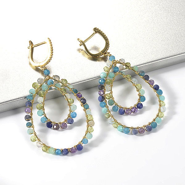 18K Gold Plated Handmade Wire Wrapped Rainbow Gemstone Drop Earrings