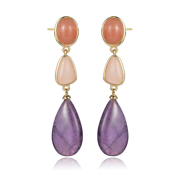 Gold Plated Sunstone and Amethyst Stud Long Drop Earring for Women