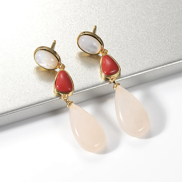 Gold Plated Shell and Rose Quartz Long Stud Drop Earring