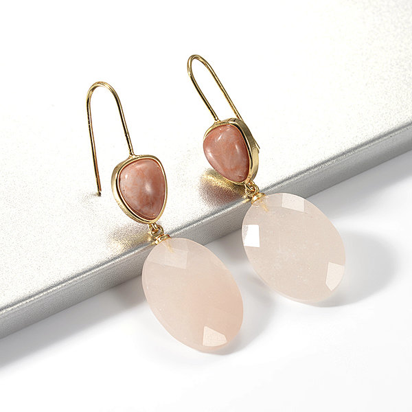 Fashion Gold Plated Gemstone Faceted Rose Quartz Oval Hook Earring