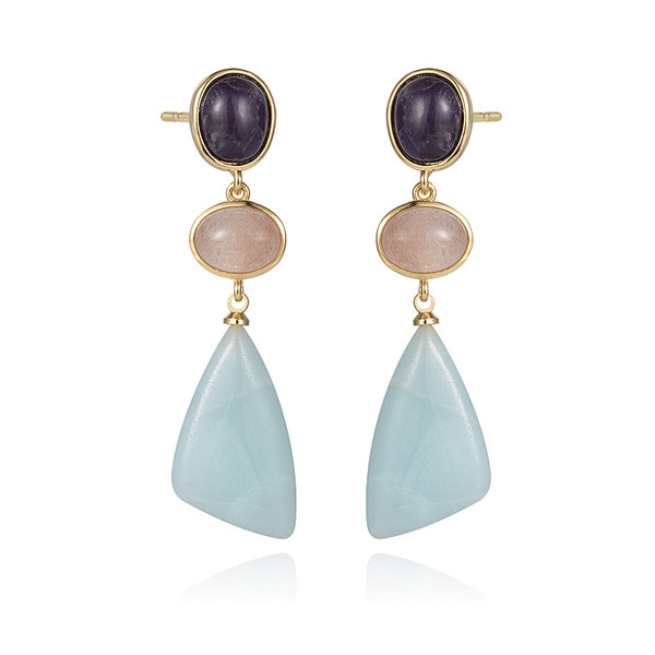Fashion Gold Plated Natural Stone Stud Amazonite Triangle Charm Dangle Earring