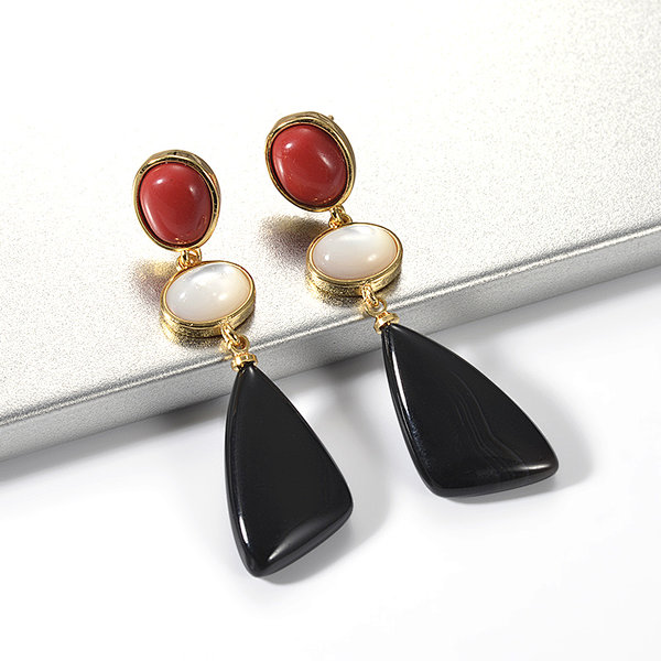 Fashion Gold Plated Natural Stone Stud Black Onyx Triangle Charm Dangle Earring