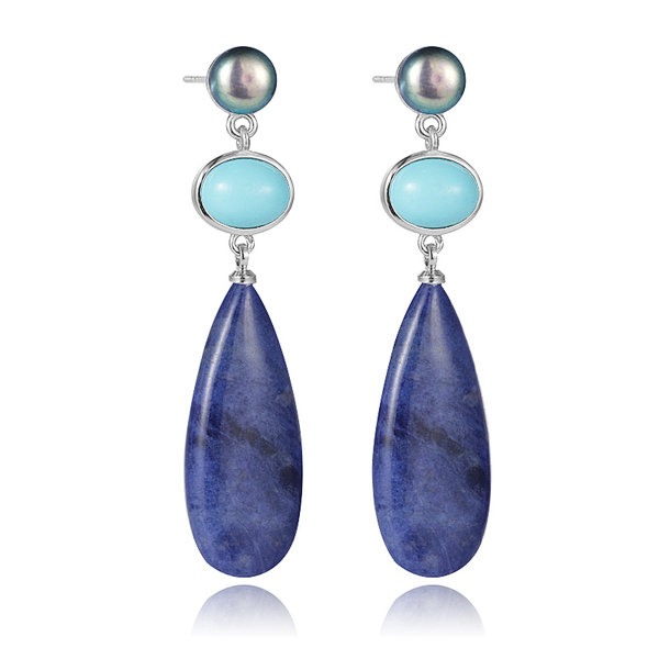 Rhodium Plated Freshwater Pearl and Sodalite Gemstone Stud Long Drop Earring for Women