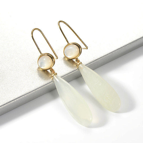 Fashion Gold Plated New Jade Long Drop Hook Earring