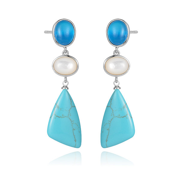 Fashion Rhodium Plated Shell and Turquoise Triangle Charm Dangle Earring