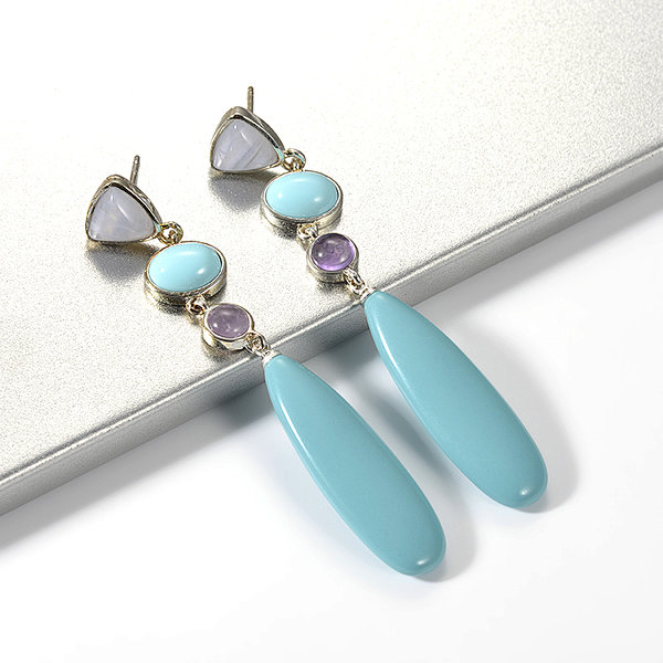 Fashion Rhodium Plated Gemstone Stud Manmade Turquoise Long Drop Earring