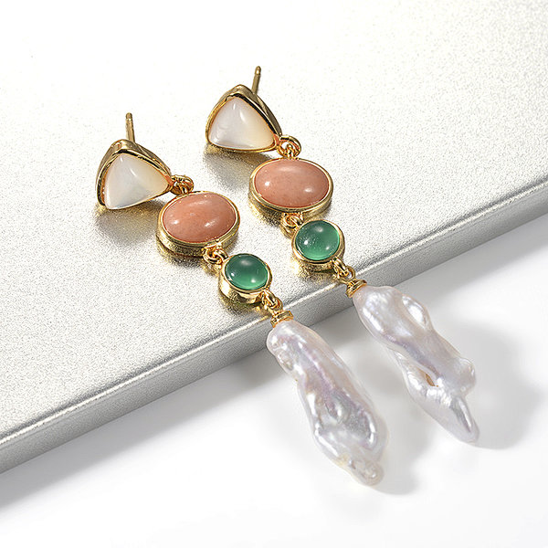 Fashion Gold Plated Natural Gemstone Long Pearl Drop Earring