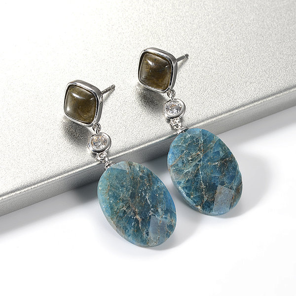 Fashion Rhodium Plated Faceted Apatite Oval Dangle Earring Jewelry