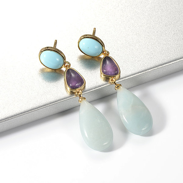 Gold Plated Turquoise and Amazonite Stud Long Drop Earring for Women