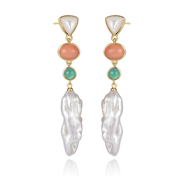 Fashion Gold Plated Natural Gemstone Long Pearl Drop Earring