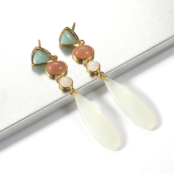 Fashion Gold Plated Gemstone Stud Jade Long Drop Earring