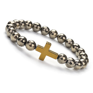 Plated Hematite Faceted Round Beads and Hematite Cross Charm Beaded Bracelet