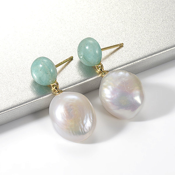 18K Gold Plated White Freshwater Cultured Pearl Pendant Gemstone Amazonite Stud Earrings
