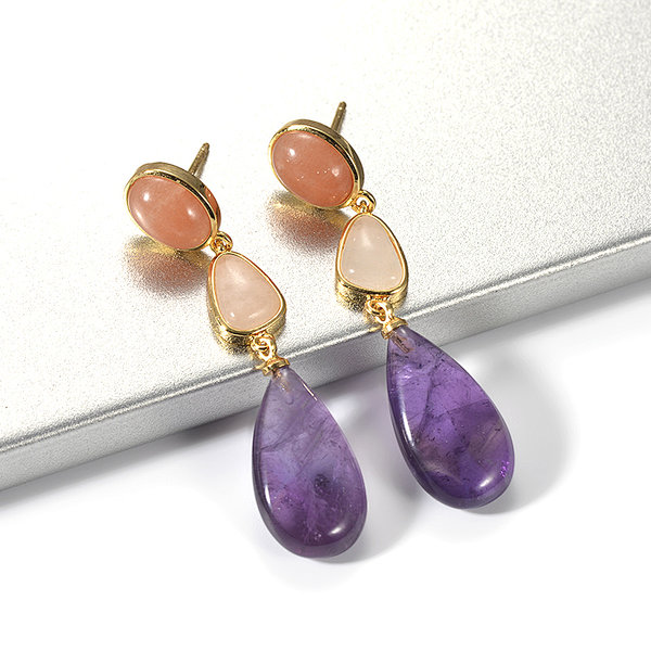 Gold Plated Sunstone and Amethyst Stud Long Drop Earring for Women