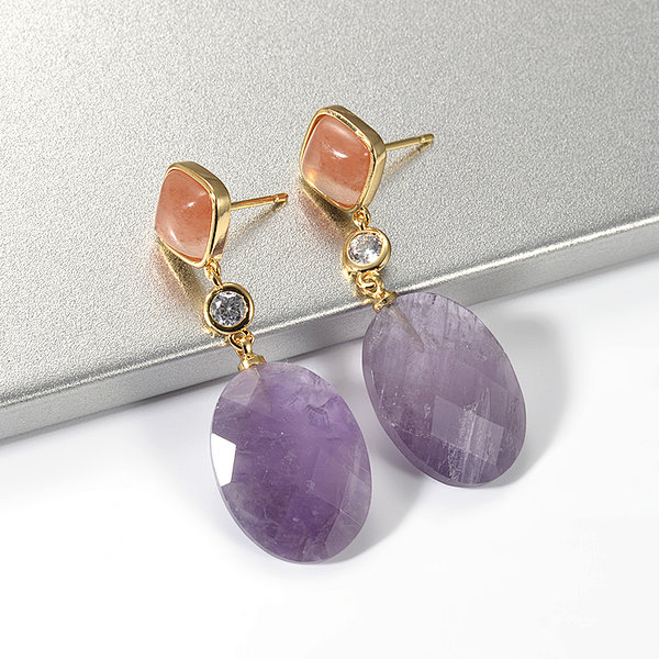Fashion 18K Gold Plated Faceted Amethyst Oval Dangle Earring Jewelry