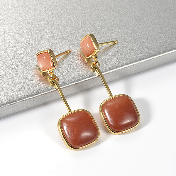 Gold Plated Gemstone Stud Sunstone Dangle Jewelry Earring for Women