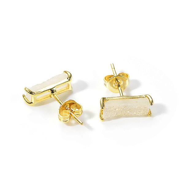 Bar Druzy Quartz Brass Stud Earrings