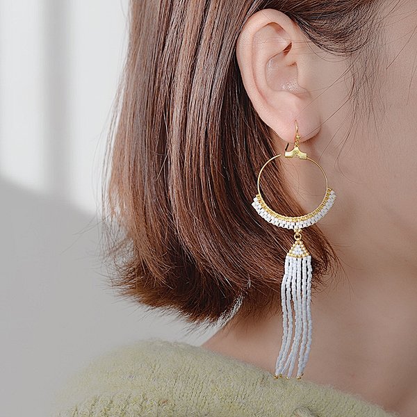 Hand Woven Miyuki Seed Beads Circle Brass Tassel Earring