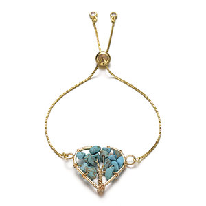 Synthetic Turquoise Tree of Life Pendant Bracelet, Brass Chain