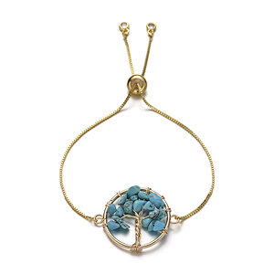 Synthetic Turquoise Tree of Life Pendant Bracelet, Brass Chain