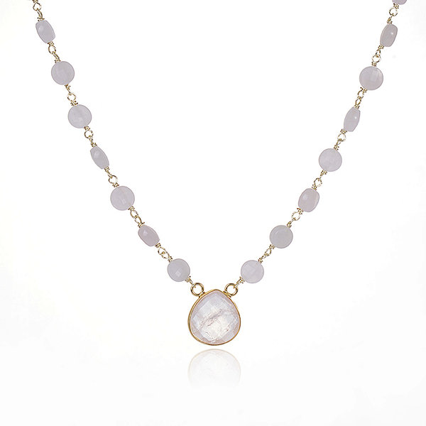 Faceted Rose Quartz Coin Brass Rosary Chain Pendant Necklace