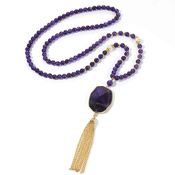 Amethyst round Beads and Slab Pendant Brass Chain Tassel Necklace