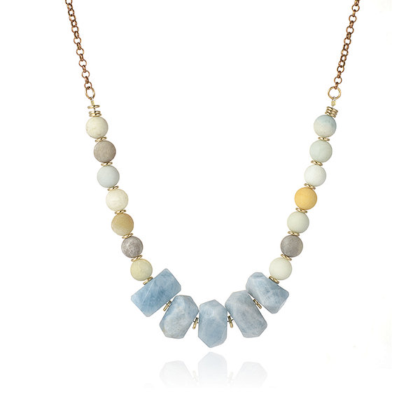 Copper Color Plated Brass Chain Matte Amazonite and Faceted Aquamarine Necklace
