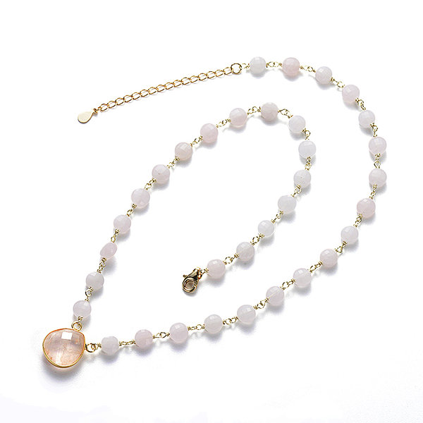 Faceted Rose Quartz Coin Brass Rosary Chain Pendant Necklace