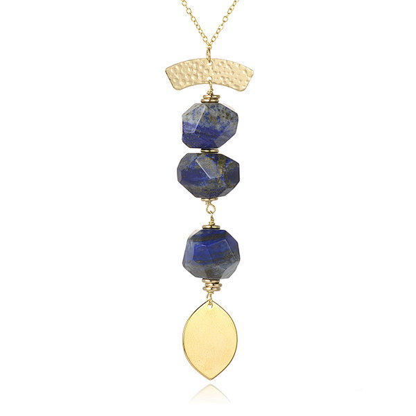 18K Gold Plated Brass Lapis Faceted Nuggets Pendant Necklace