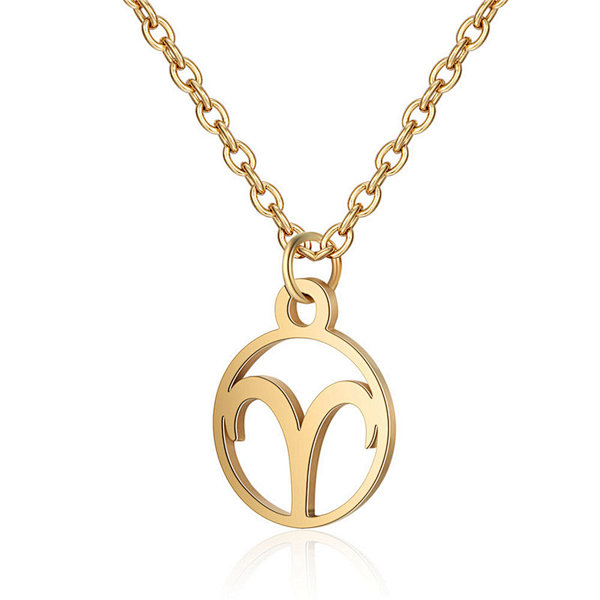 18K Gold Color Stainless Steel Chain Zodiac Necklace, Aries, 2 Inches Tail Chain