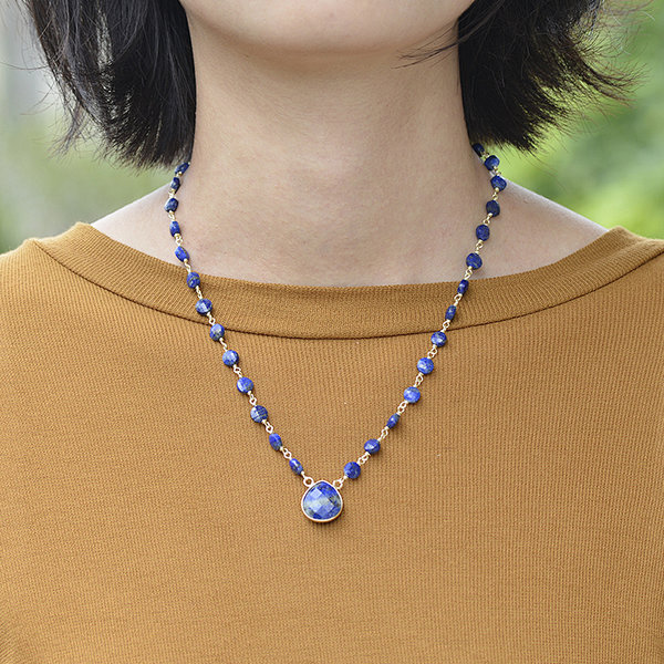 Faceted Lapis Coin Brass Rosary Chain Lapis Pendant Necklace